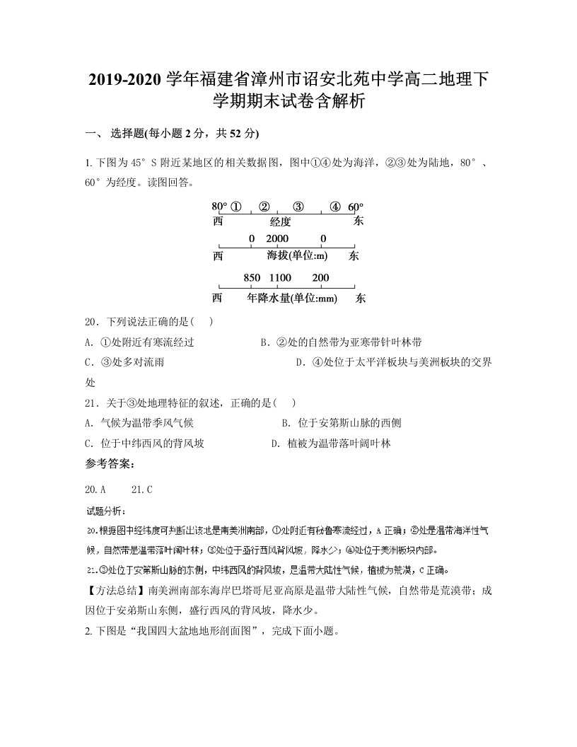 2019-2020学年福建省漳州市诏安北苑中学高二地理下学期期末试卷含解析