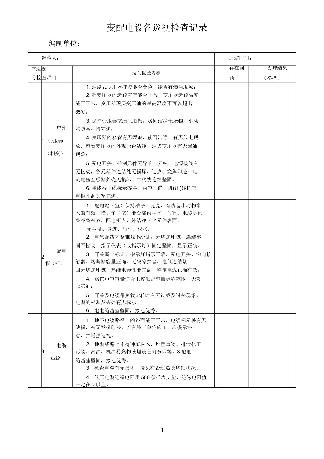 变配电设施巡视检查表