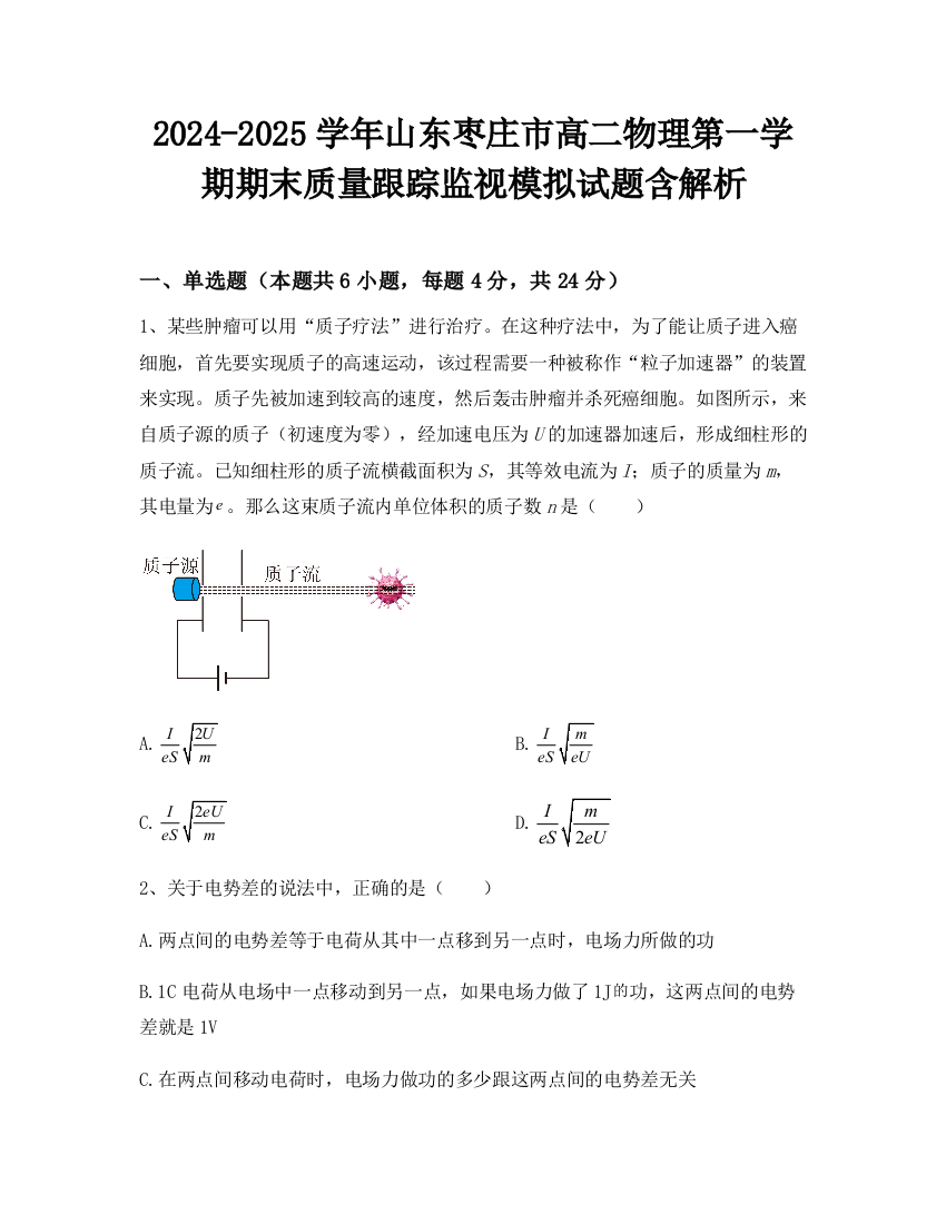 2024-2025学年山东枣庄市高二物理第一学期期末质量跟踪监视模拟试题含解析