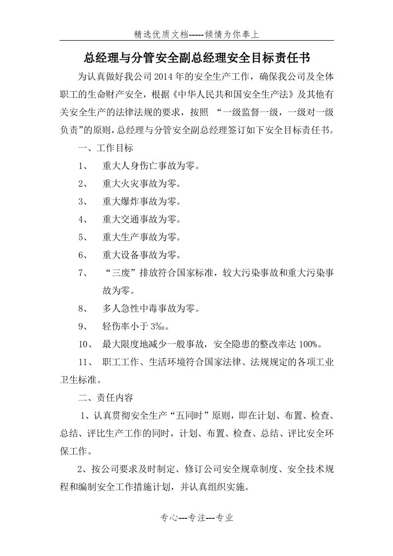 总经理与分管安全副总经理安全目标责任书资料(共15页)