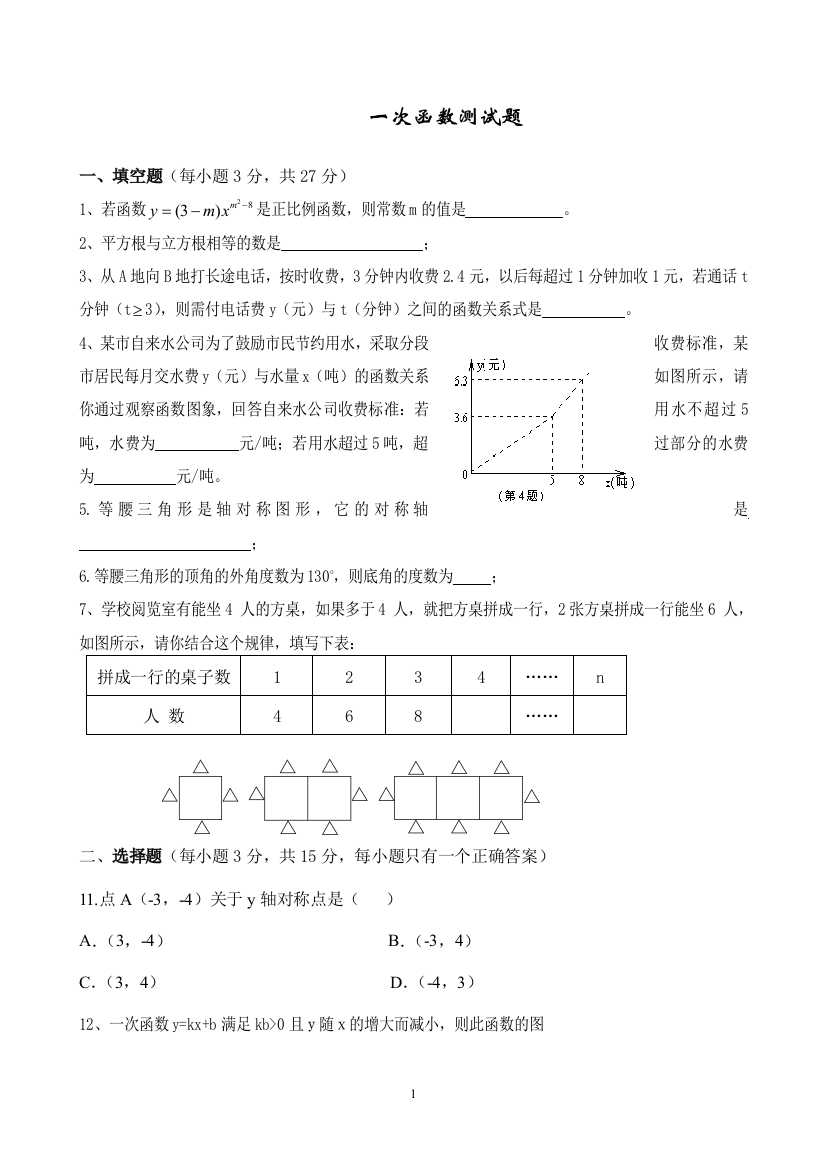 人教版数学八年级下册一次函数单元测试题及答案