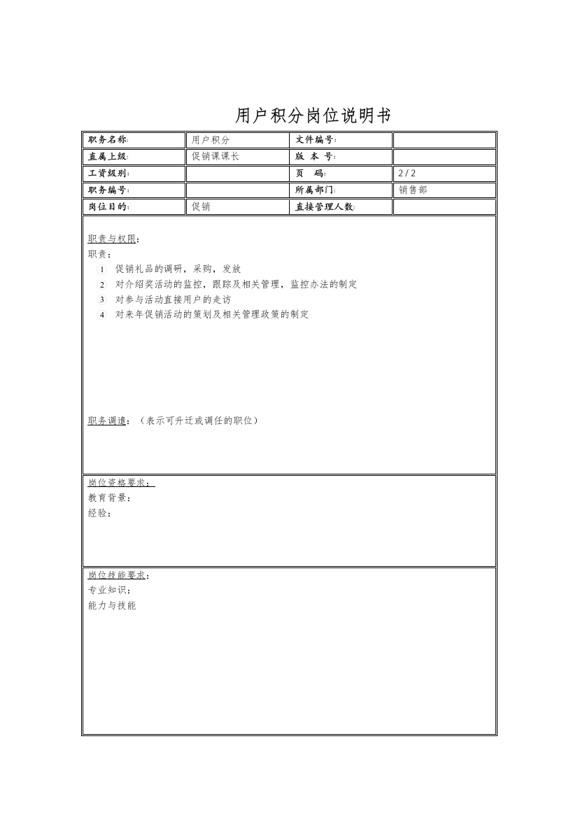 用户积分岗位说明书