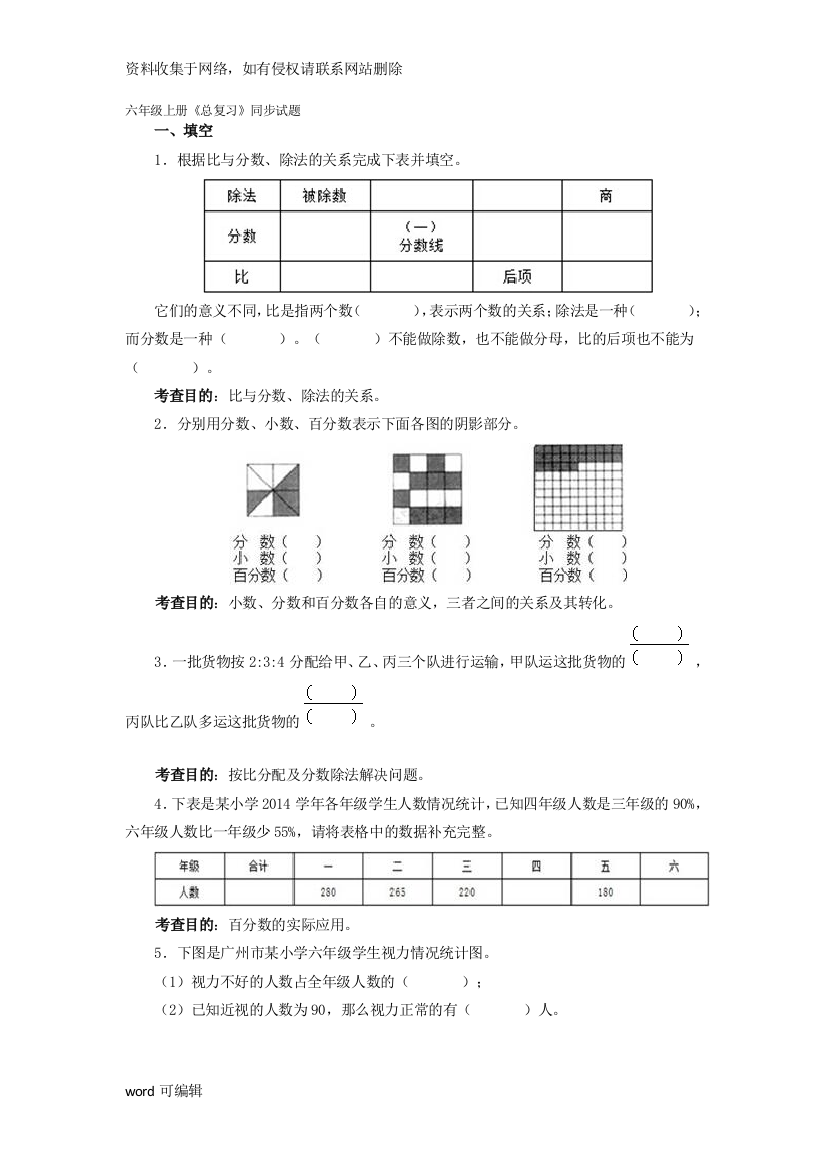 六年级上册《总复习》同步试题--教师版教学文稿