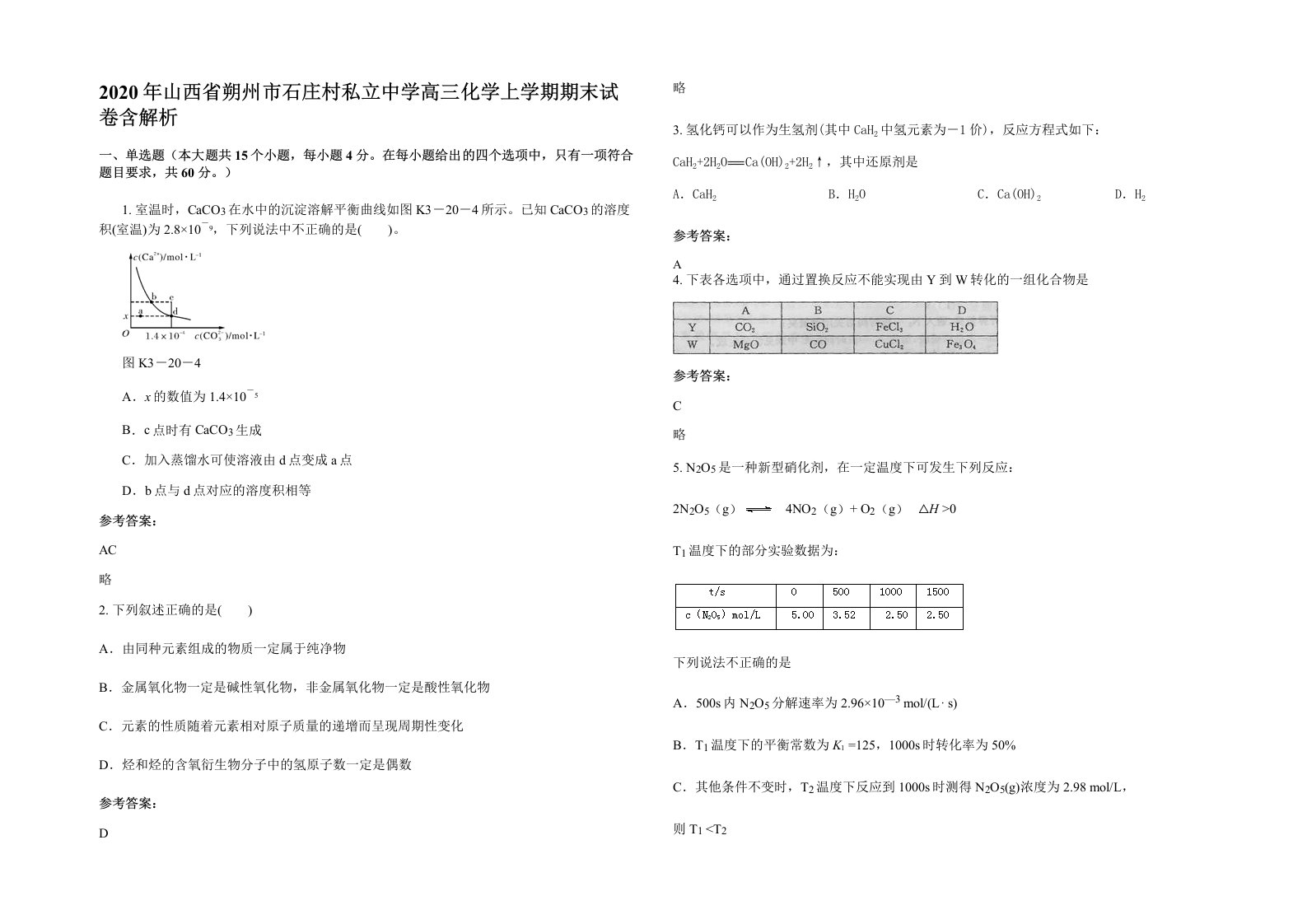 2020年山西省朔州市石庄村私立中学高三化学上学期期末试卷含解析