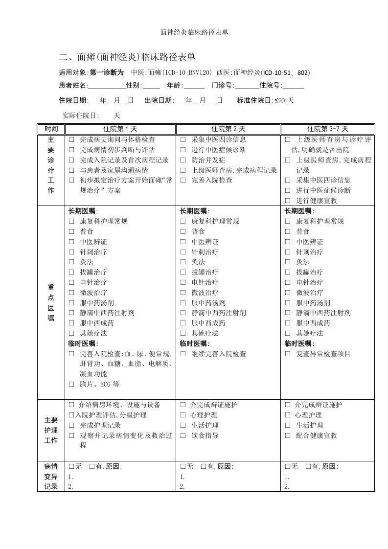 面神经炎临床路径表单