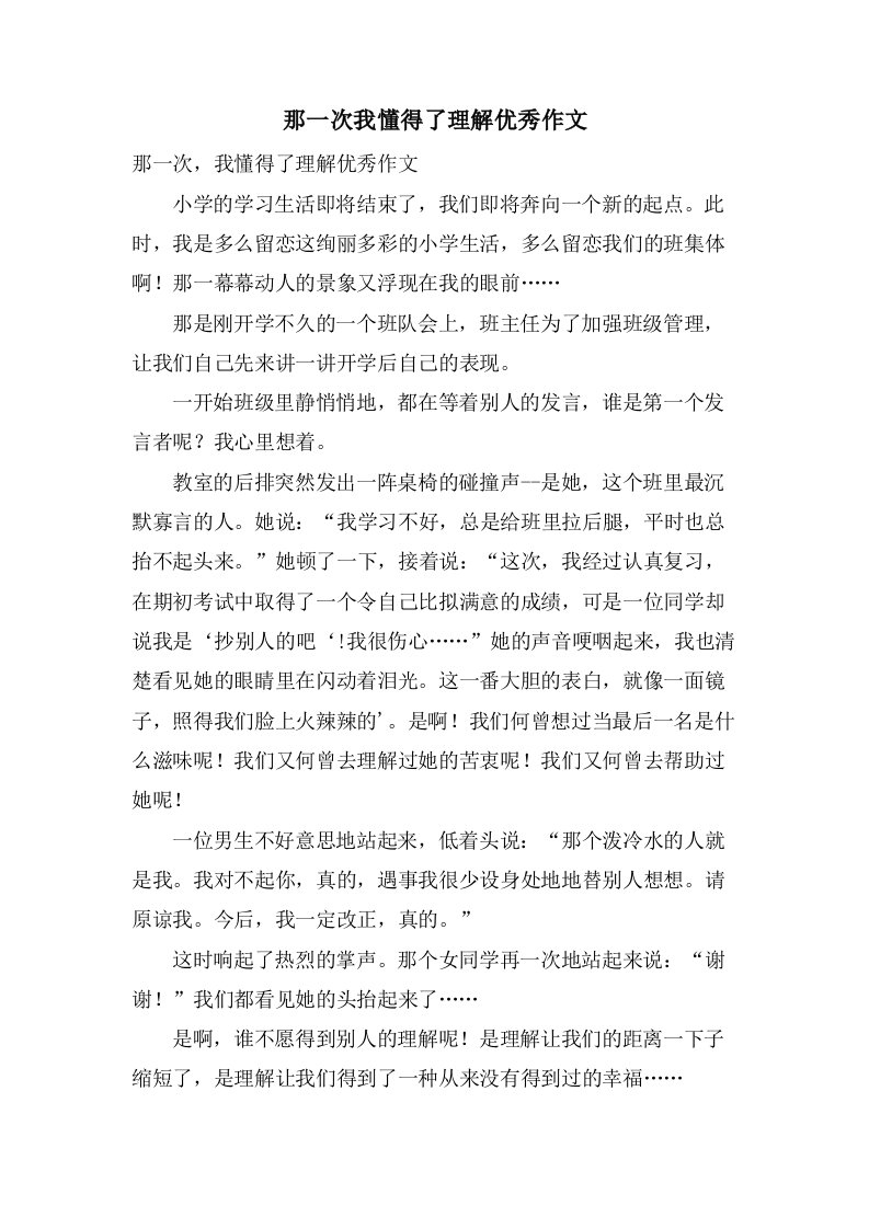 那一次我懂得了理解作文2