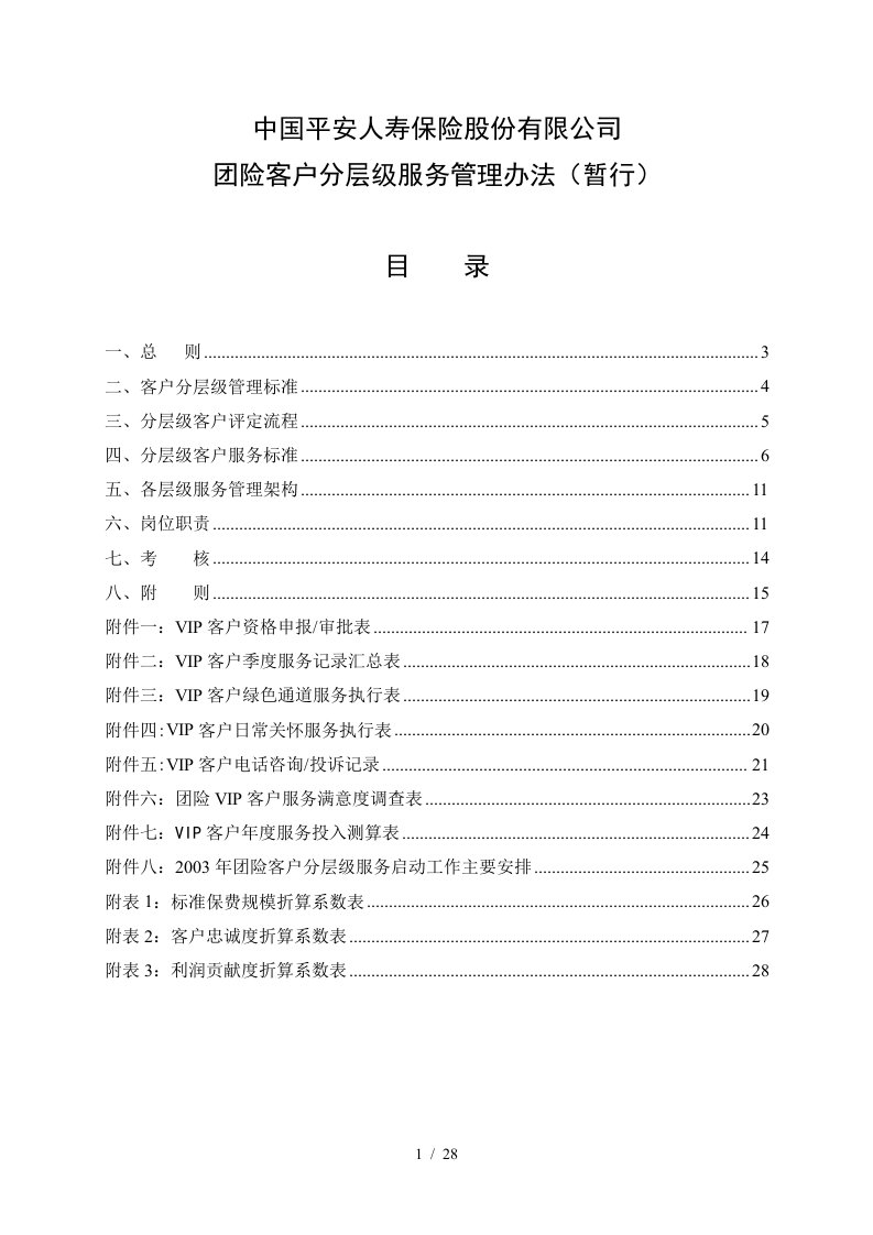 中国平安人寿保险股份有限公司团险客户分层级服务管理办法