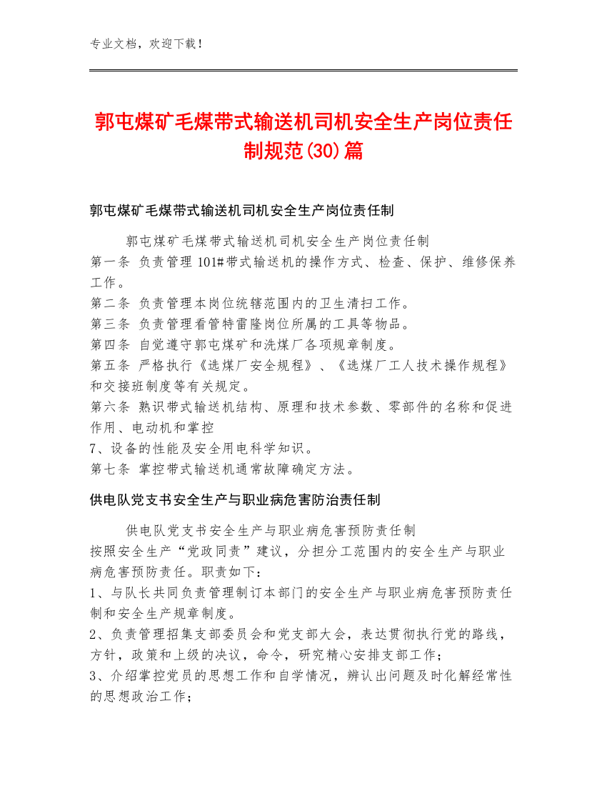 郭屯煤矿毛煤带式输送机司机安全生产岗位责任制规范(30)篇