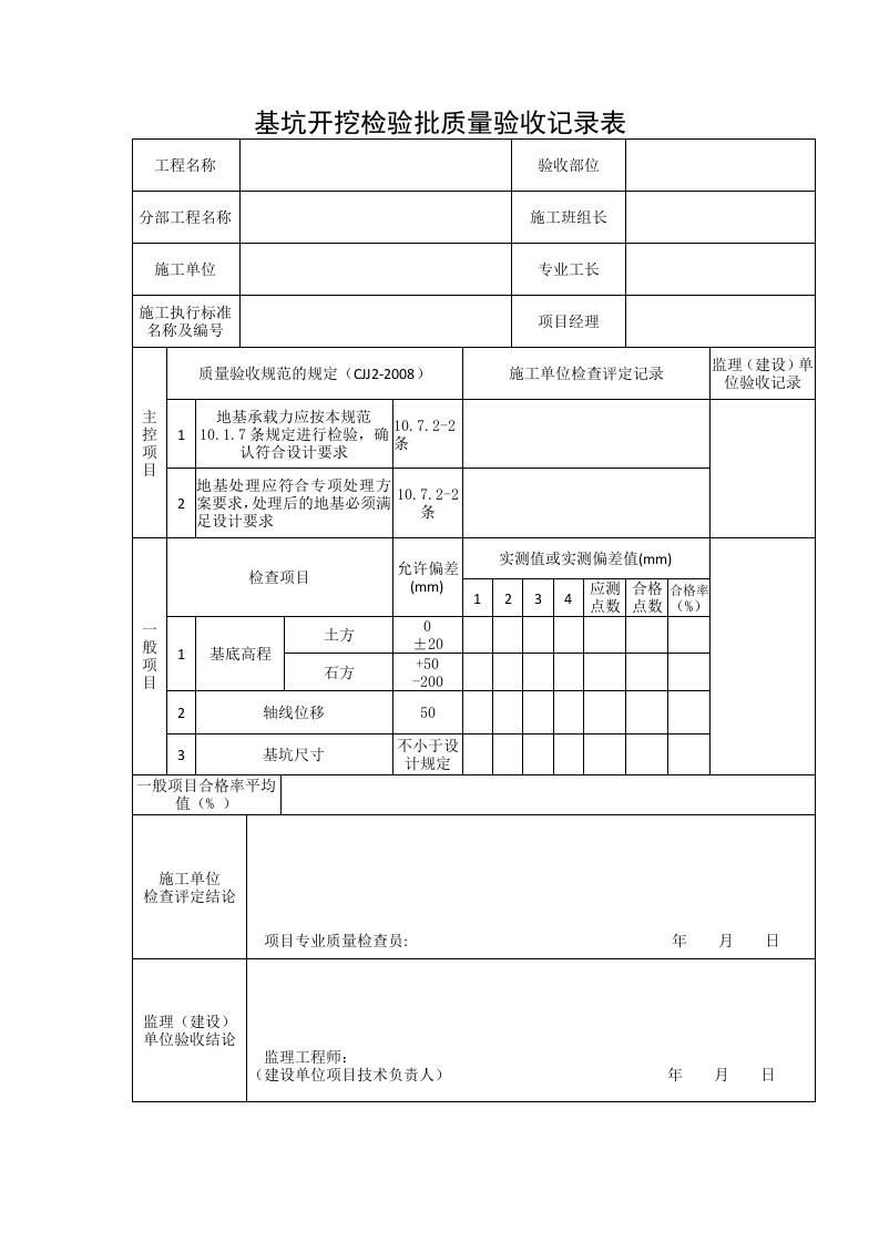 基坑开挖检验批质量验收报告表格