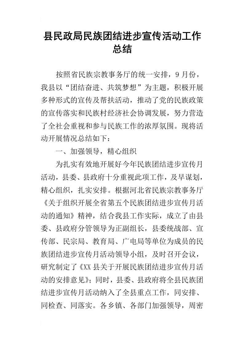 县民政局民族团结进步宣传活动的工作总结