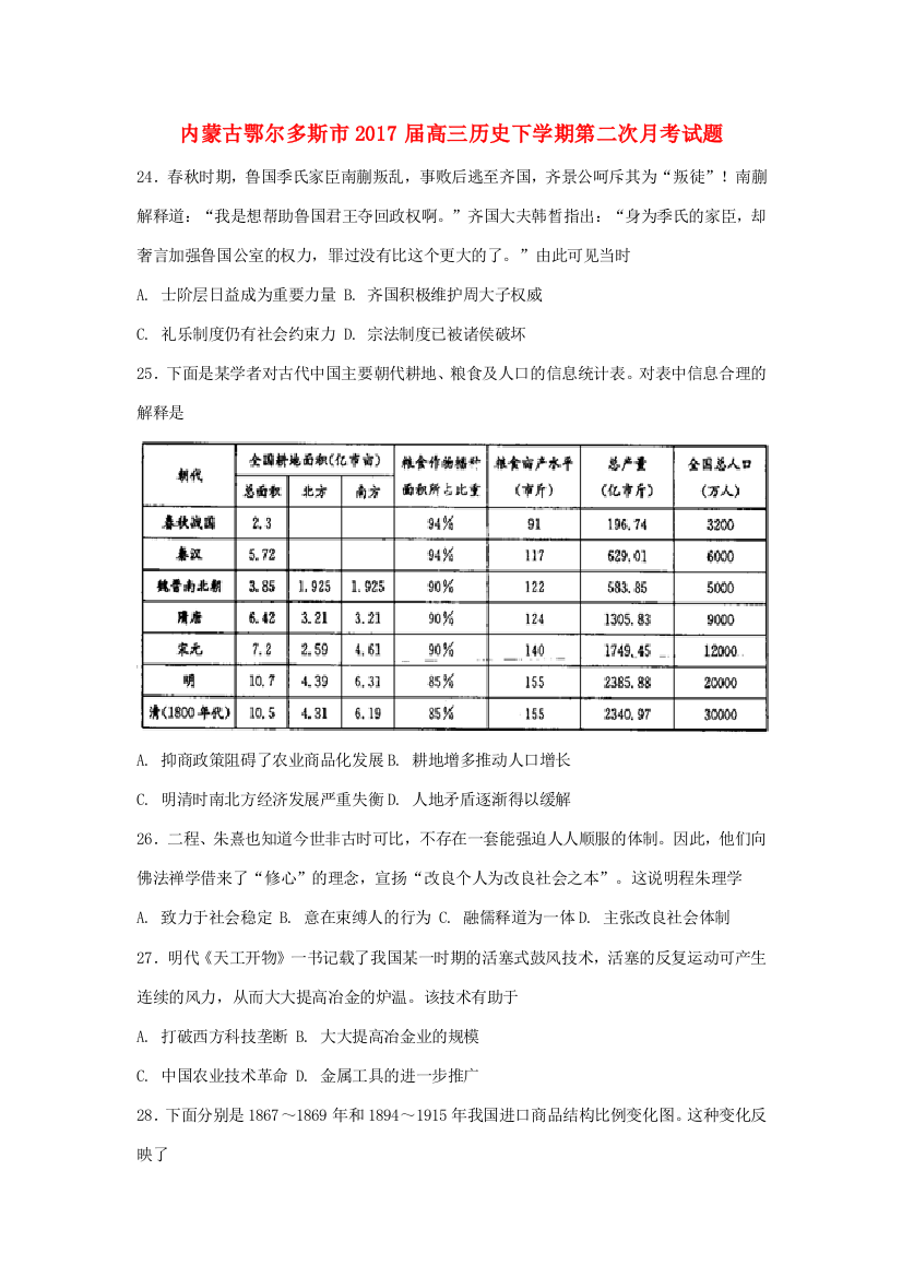 内蒙古鄂尔多斯市高三历史下学期第二次月考试题-人教版高三全册历史试题