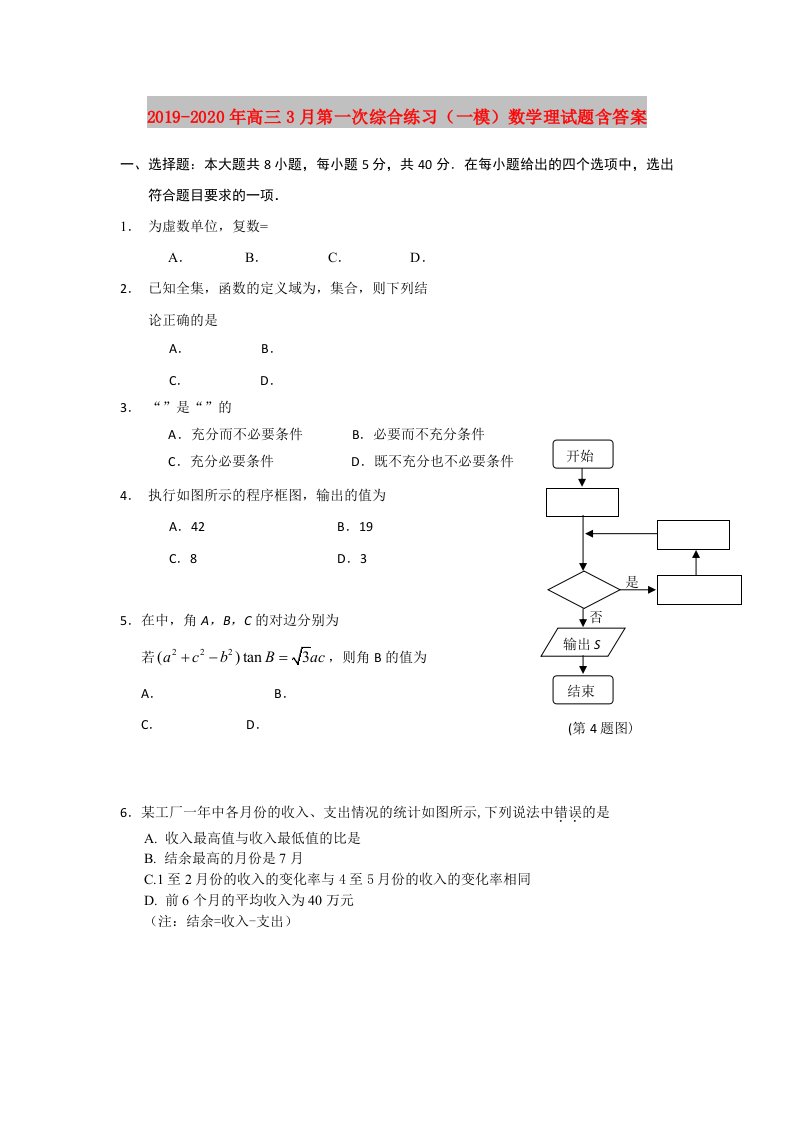 2019-2020年高三3月第一次综合练习（一模）数学理试题含答案