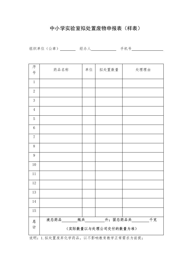 中小学实验室拟处置废物申报表样表