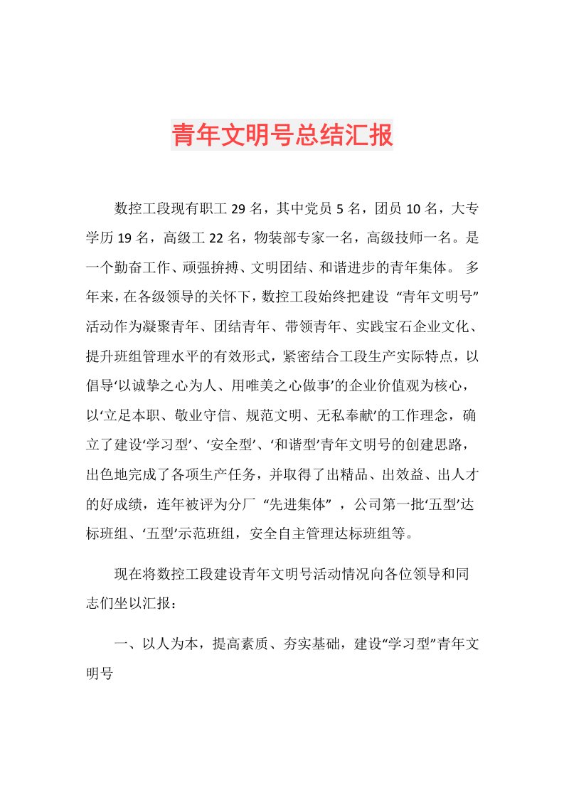 青年文明号总结汇报