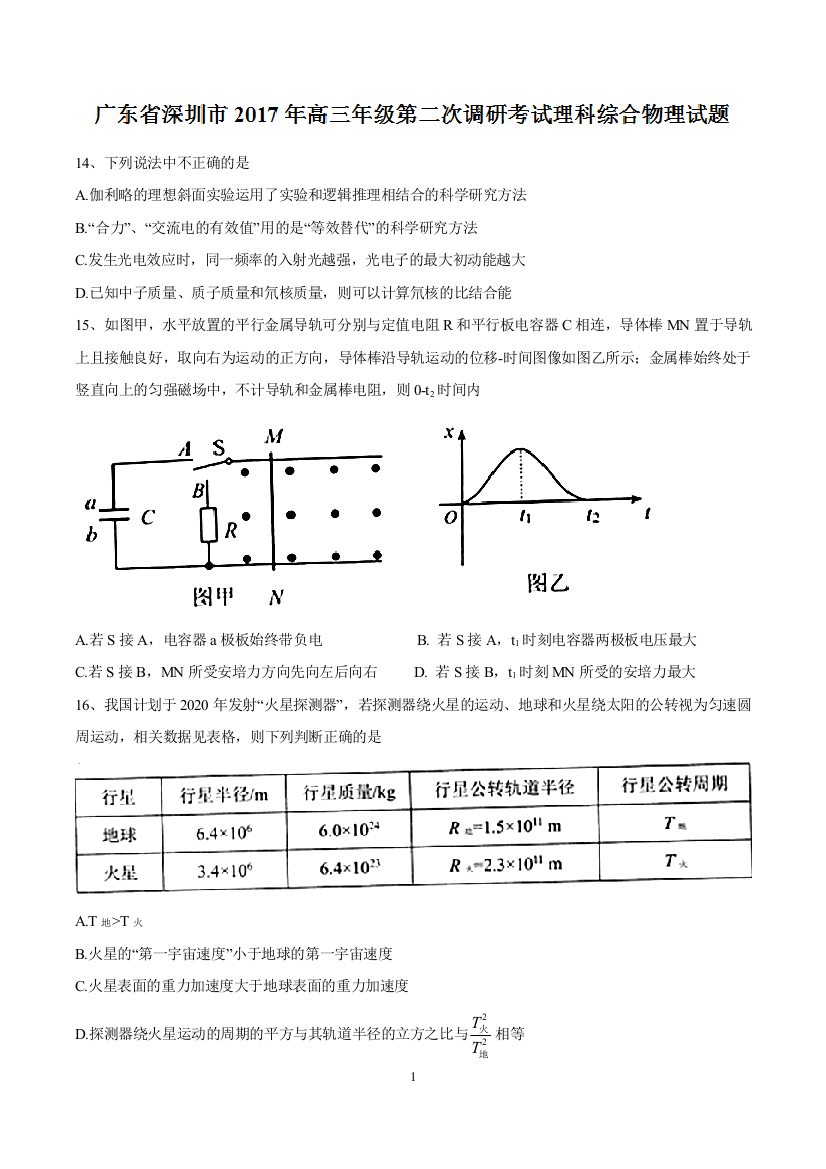 深圳二模物理试题与答案