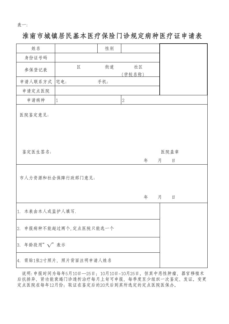 淮南市城镇居民门诊规定病种申请表