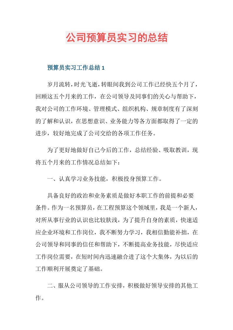 公司预算员实习的总结