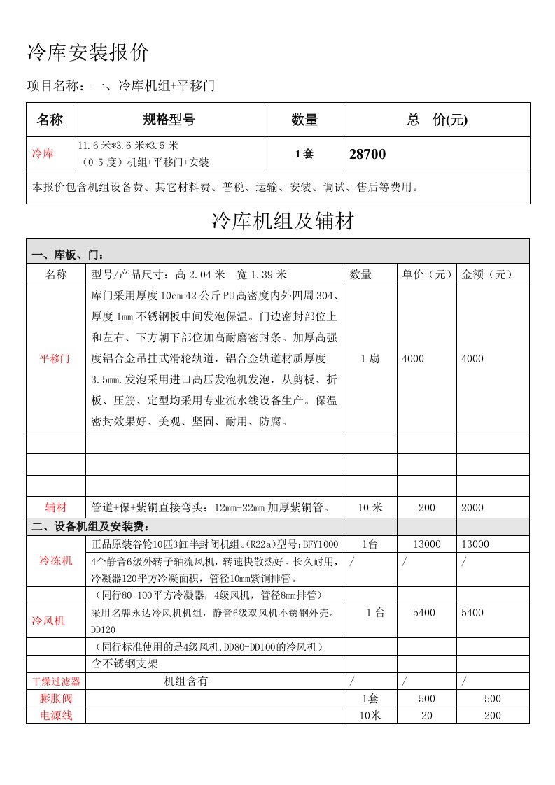 冷库报价表1