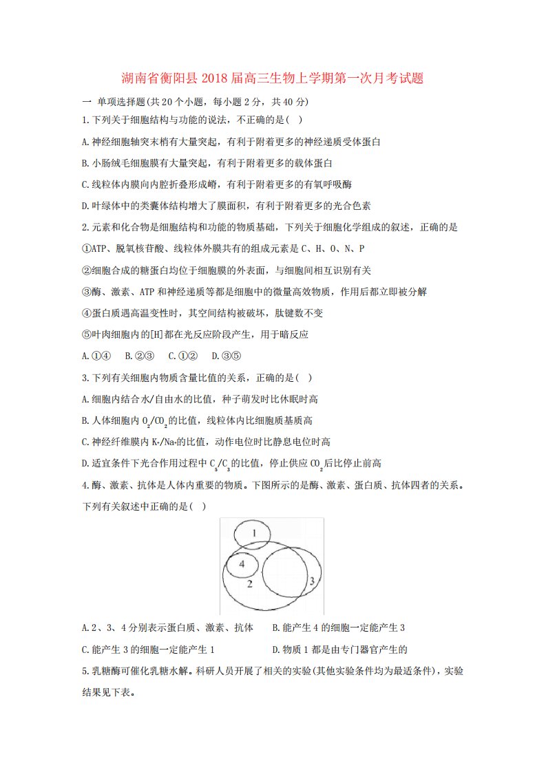 湖南省衡阳县高三生物上学期第一次月考试题