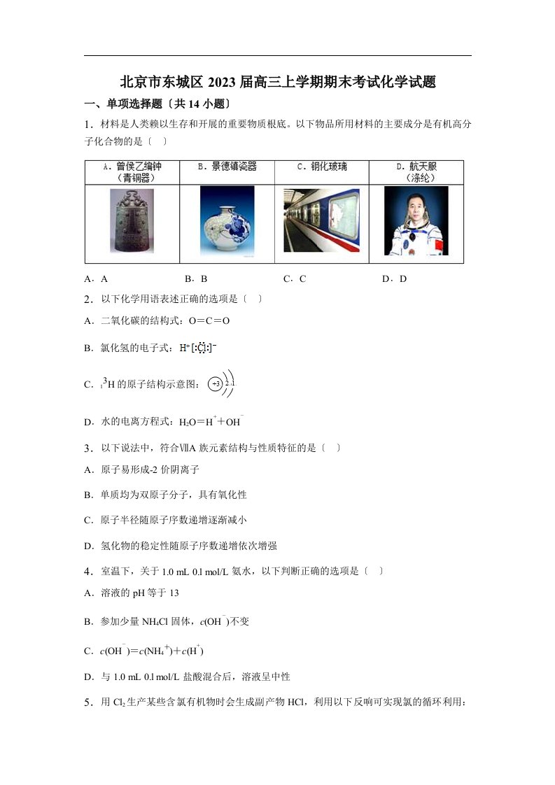 北京市东城区2023届高三上学期期末考试化学试题(解析版)