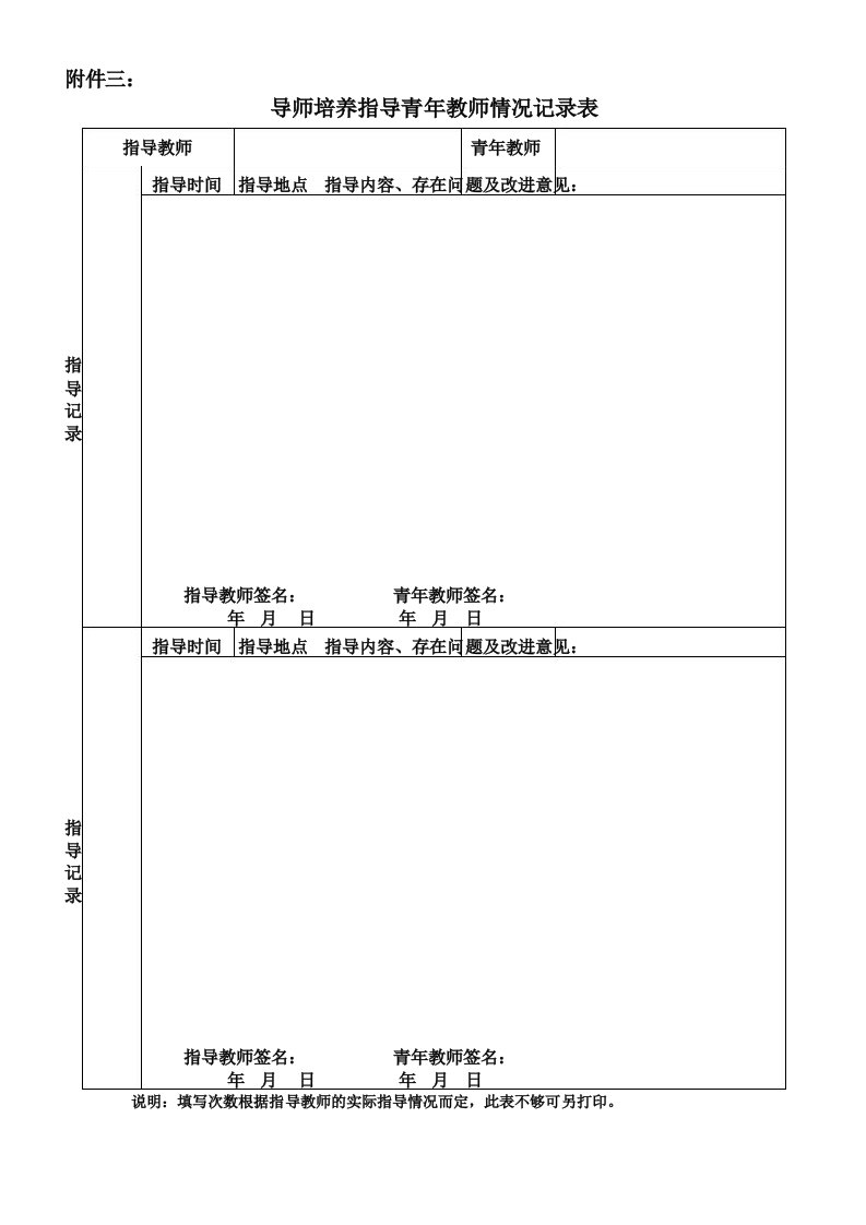 青年教师导师制培养指导过程记录表