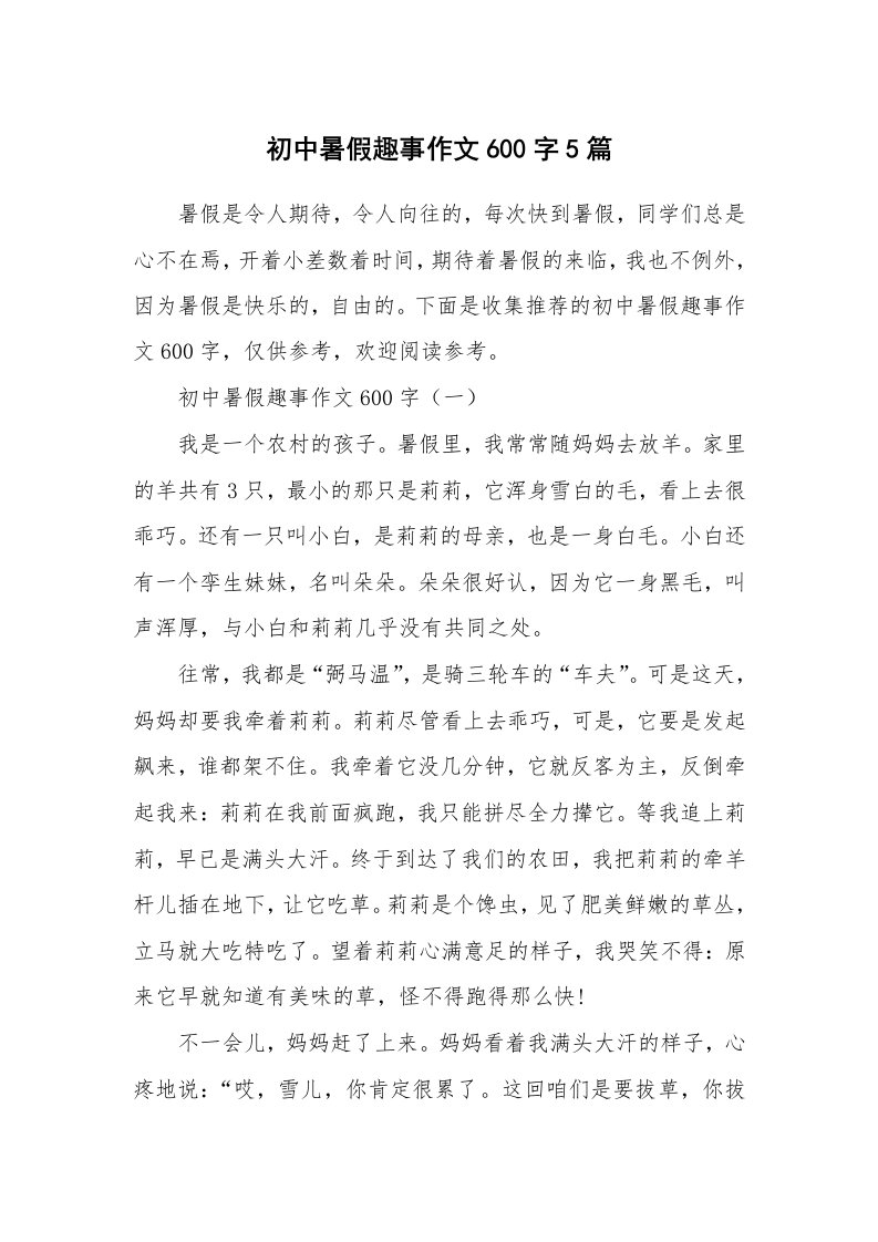 初中暑假趣事作文600字5篇