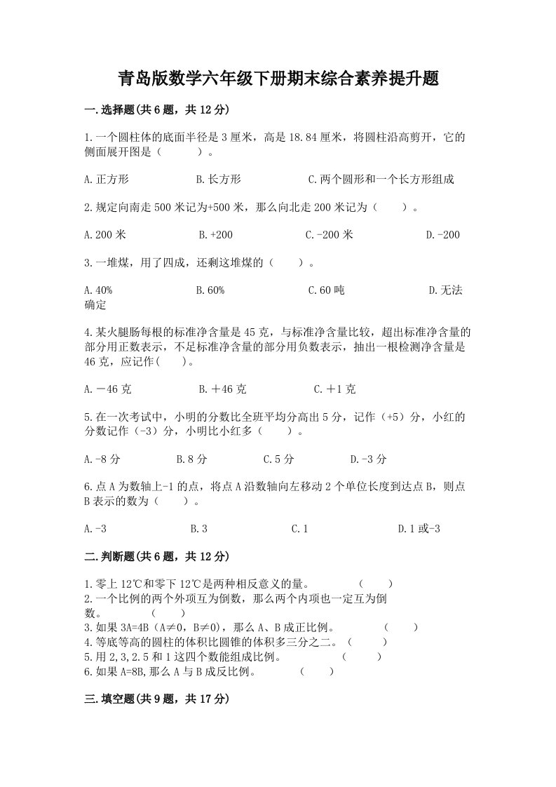 青岛版数学六年级下册期末综合素养提升题及答案（历年真题）