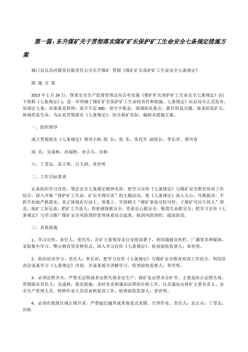 东升煤矿关于贯彻落实煤矿矿长保护矿工生命安全七条规定措施方案[修改版]