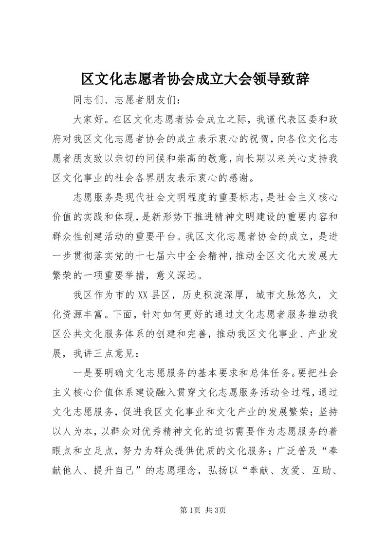 5区文化志愿者协会成立大会领导致辞