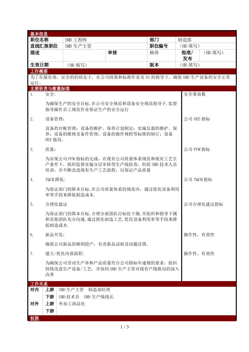 某大型电子公司制造部SMD工程师职位说明书