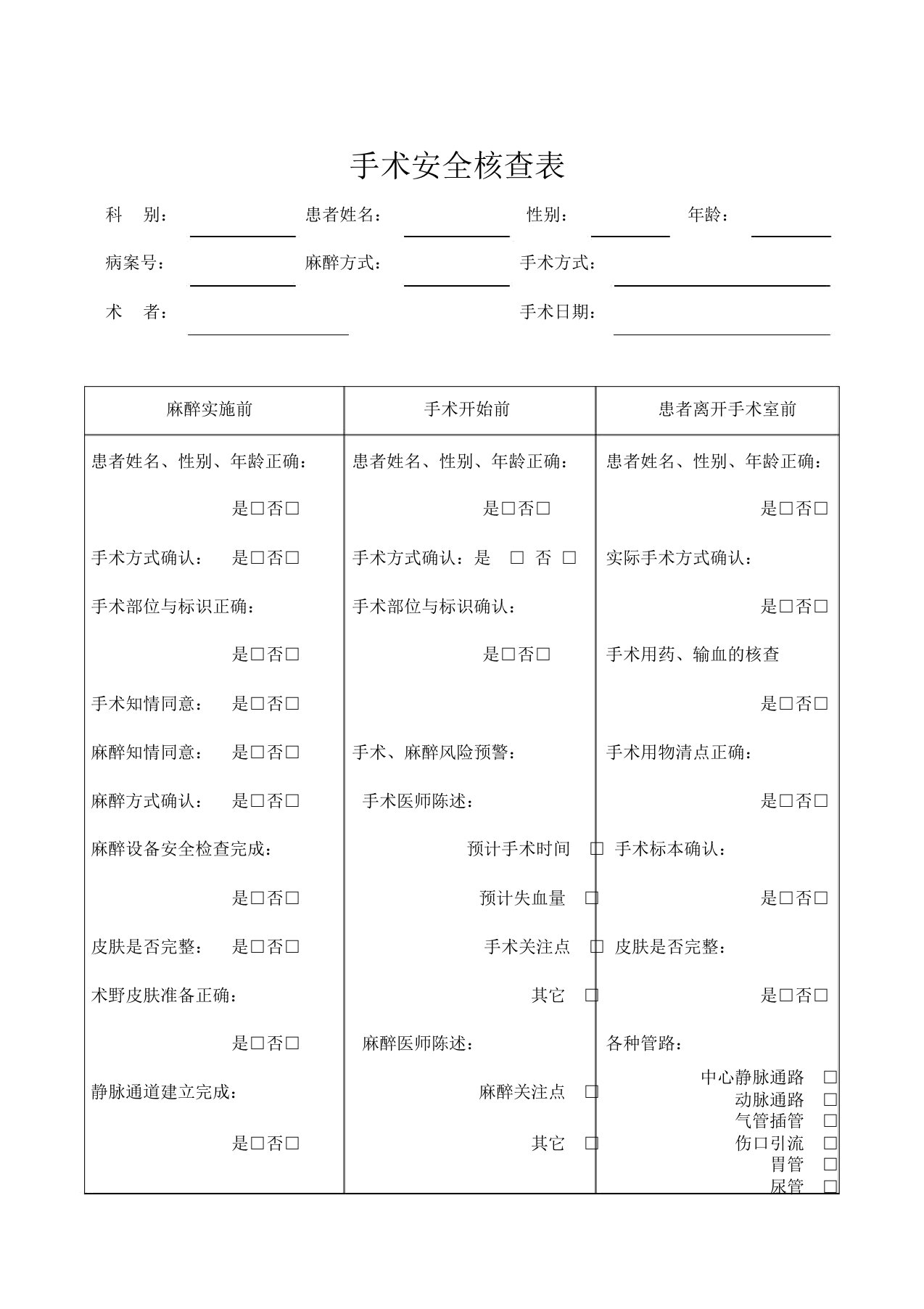 手术安全核查表