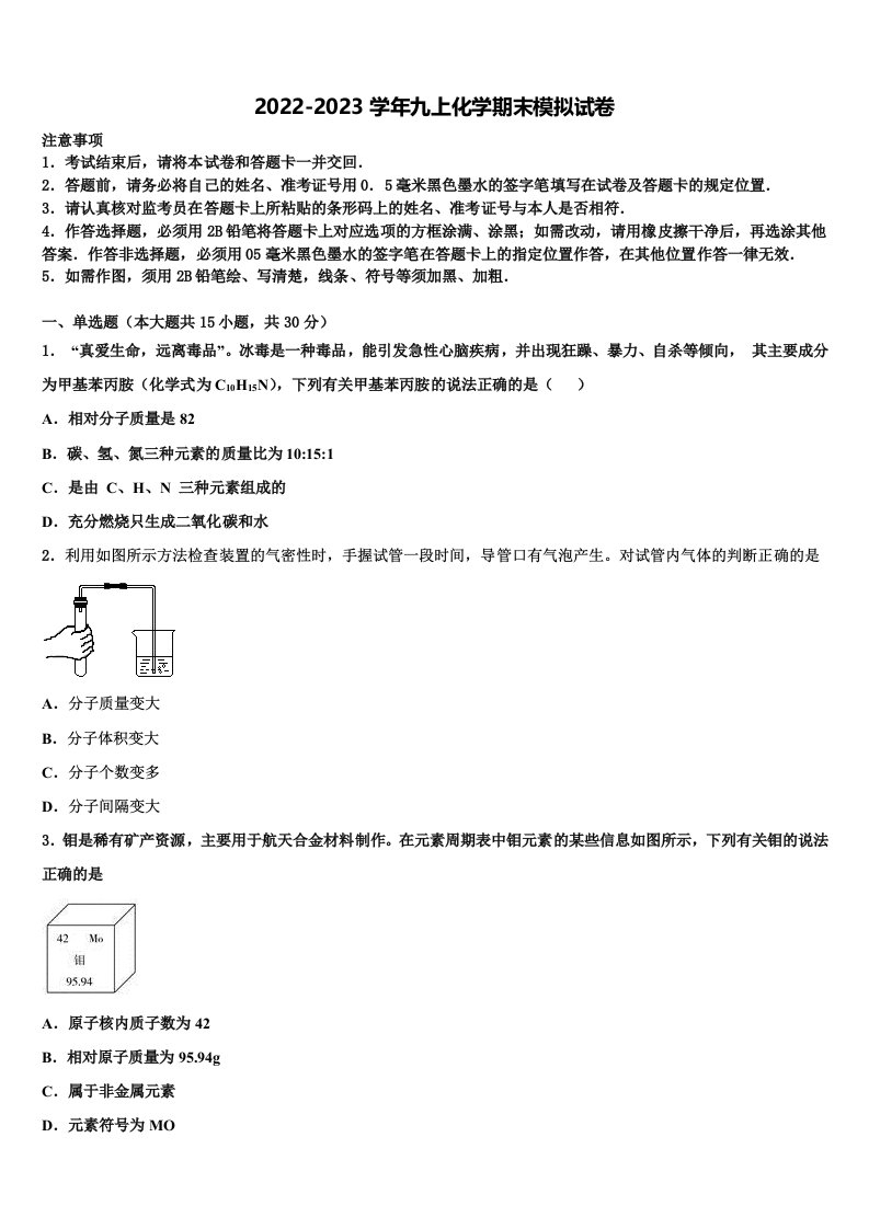 2023届安徽省凤阳县化学九年级第一学期期末复习检测模拟试题含解析