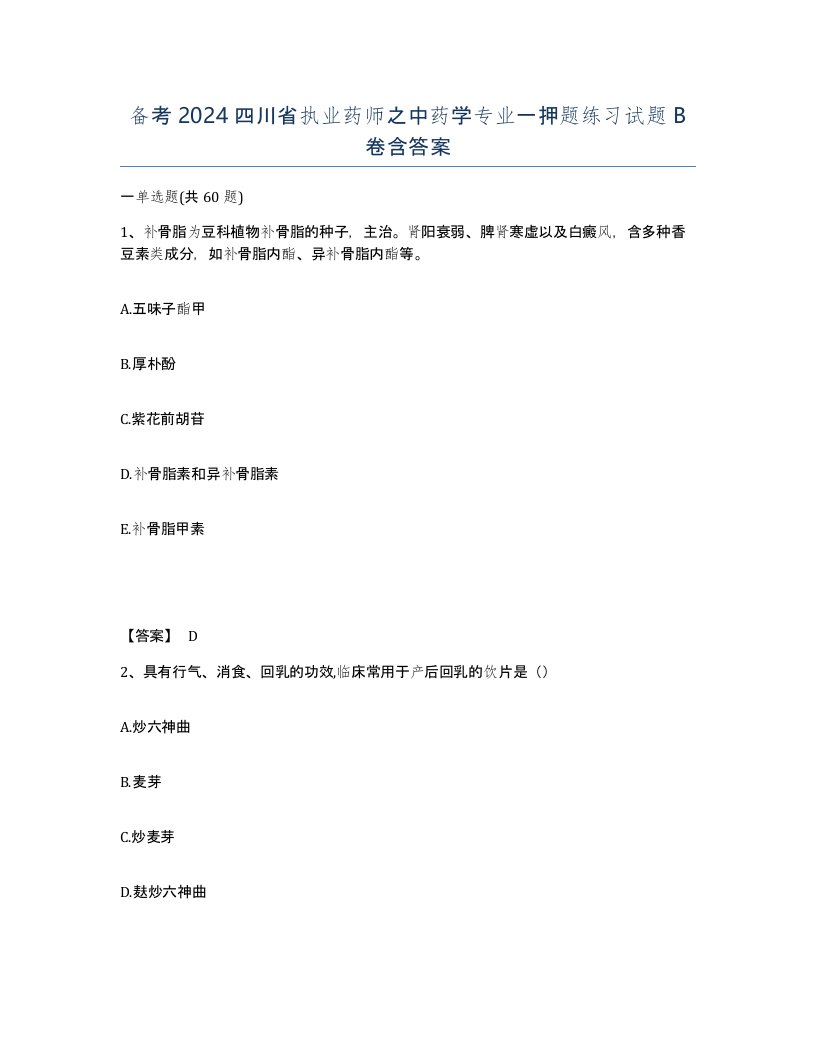 备考2024四川省执业药师之中药学专业一押题练习试题B卷含答案