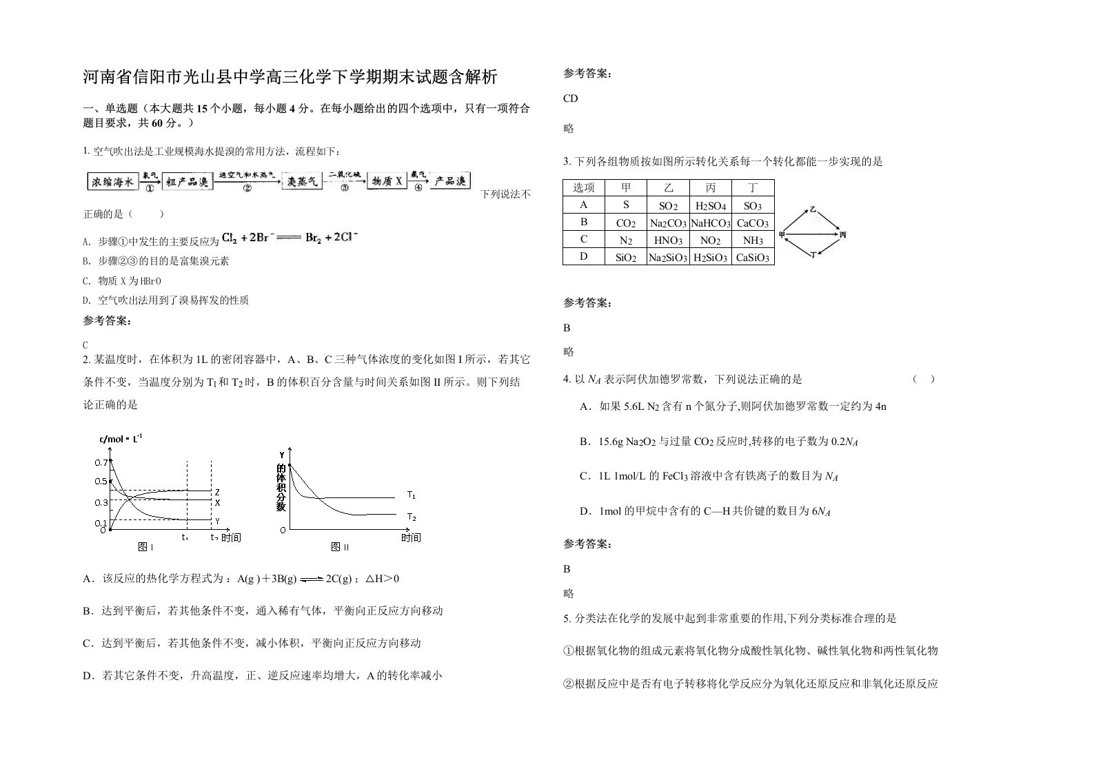 河南省信阳市光山县中学高三化学下学期期末试题含解析