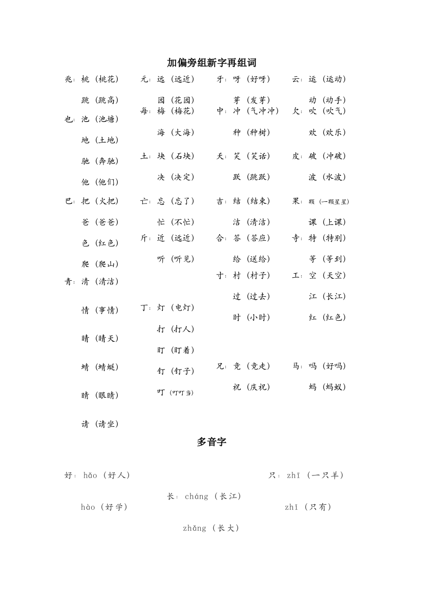 一年级下册语文素材加偏旁组新字再组词多音字│苏教版