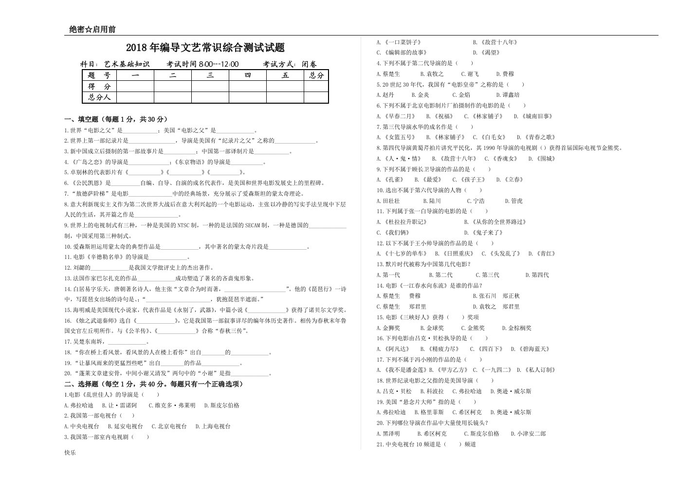 2018年编导文艺常识统考模拟真题【精】