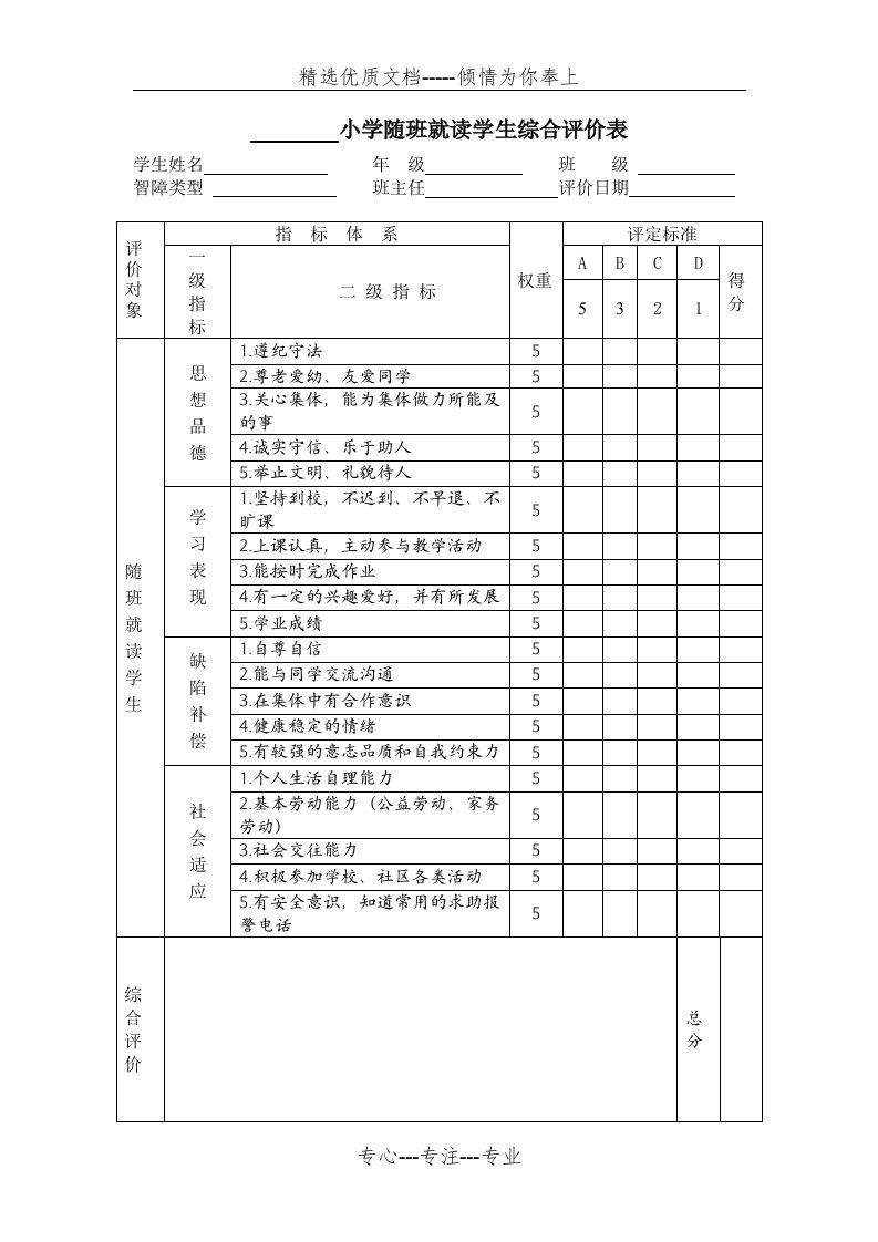 随班就读学生综合评价表(共2页)