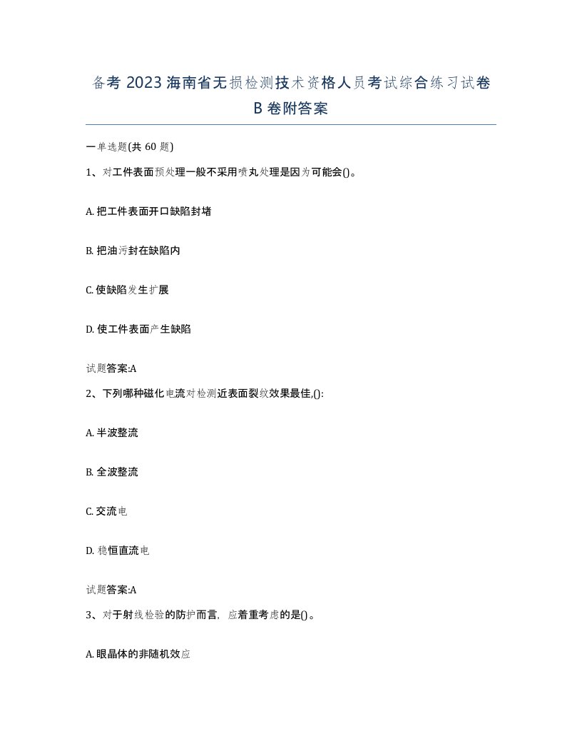 备考2023海南省无损检测技术资格人员考试综合练习试卷B卷附答案