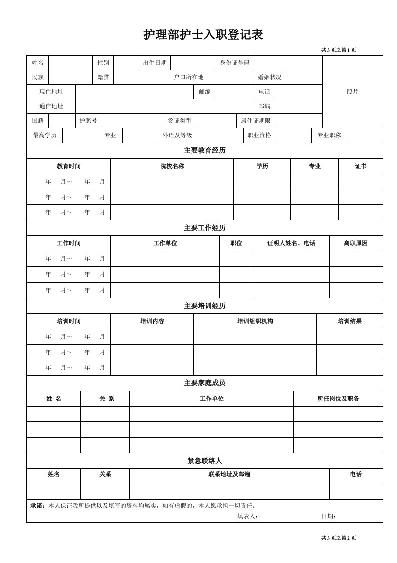 护理部护士入职登记表