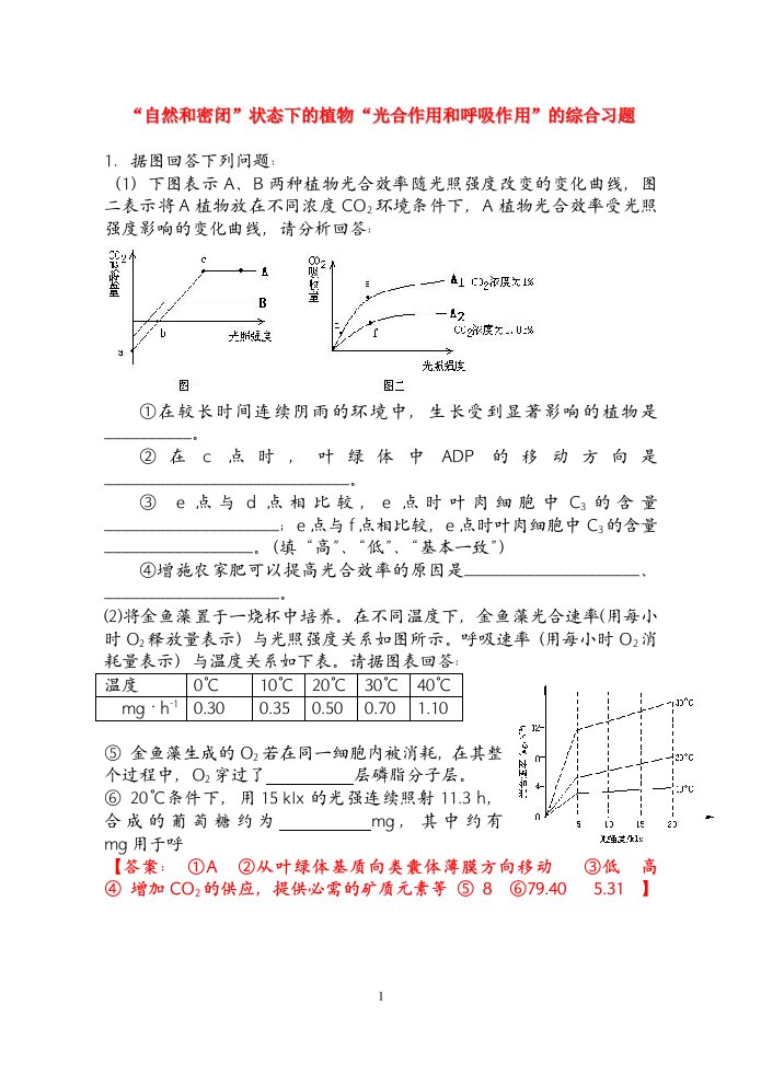 高中生物：光合作用和呼吸作用的专题习题练习新人教版必修1