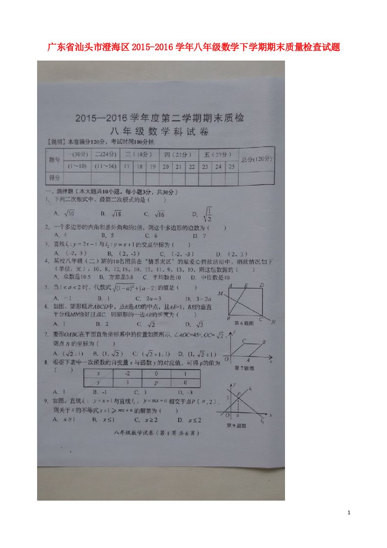 广东省汕头市澄海区2015-2016学年八年级数学下学期期末质量检查试题（扫描版）