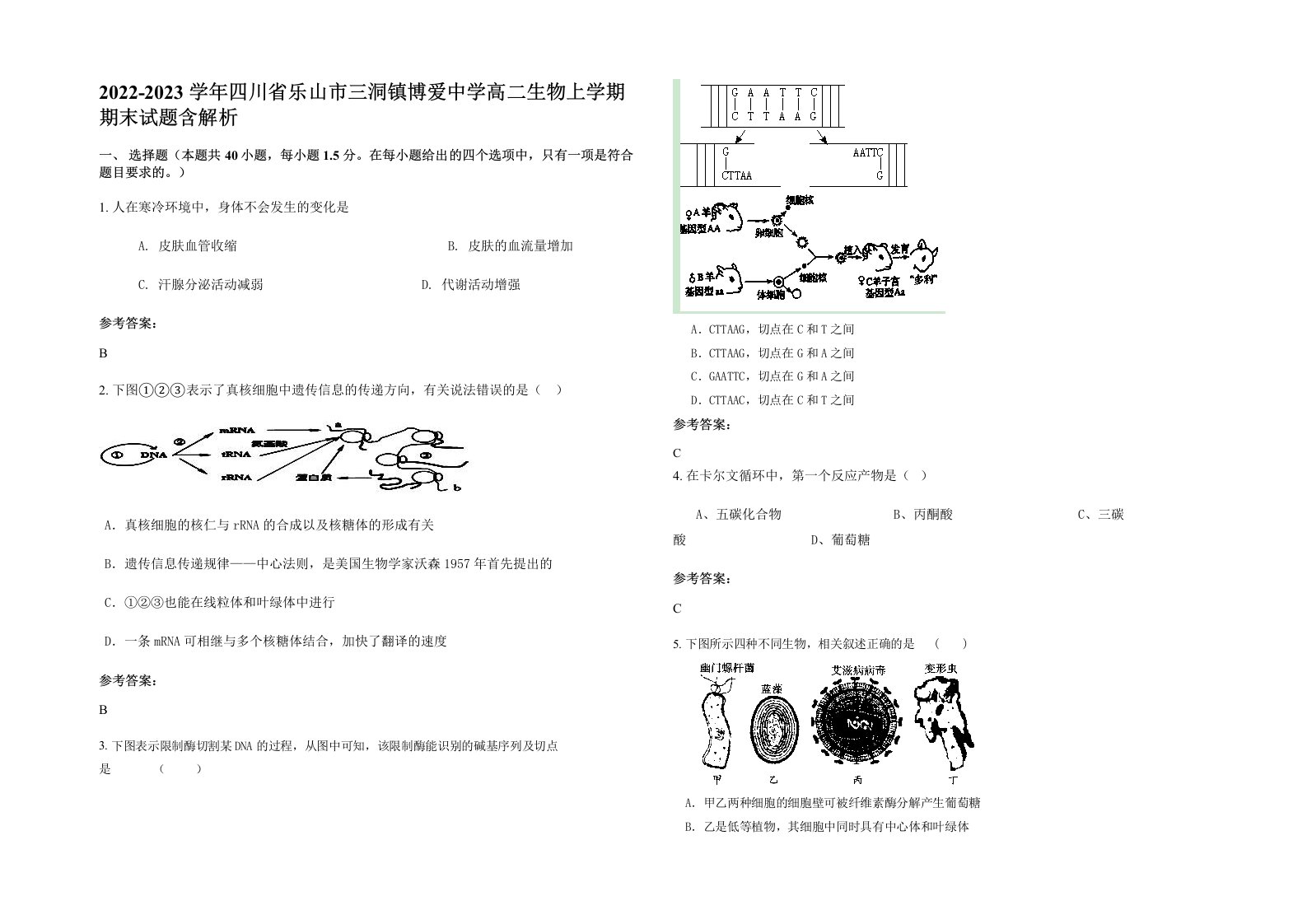 2022-2023学年四川省乐山市三洞镇博爱中学高二生物上学期期末试题含解析