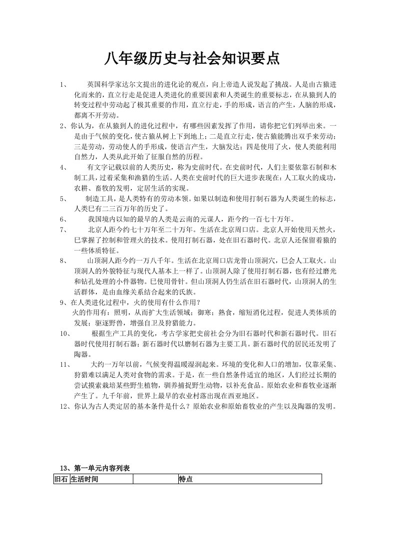 八年级《历史与社会》知识要点