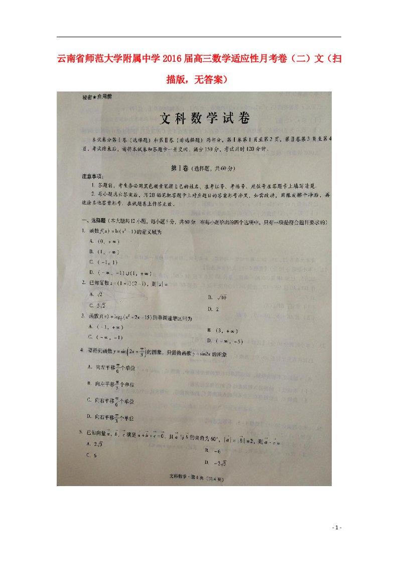 云南省师范大学附属中学高三数学适应性月考卷（二）文（扫描版，无答案）