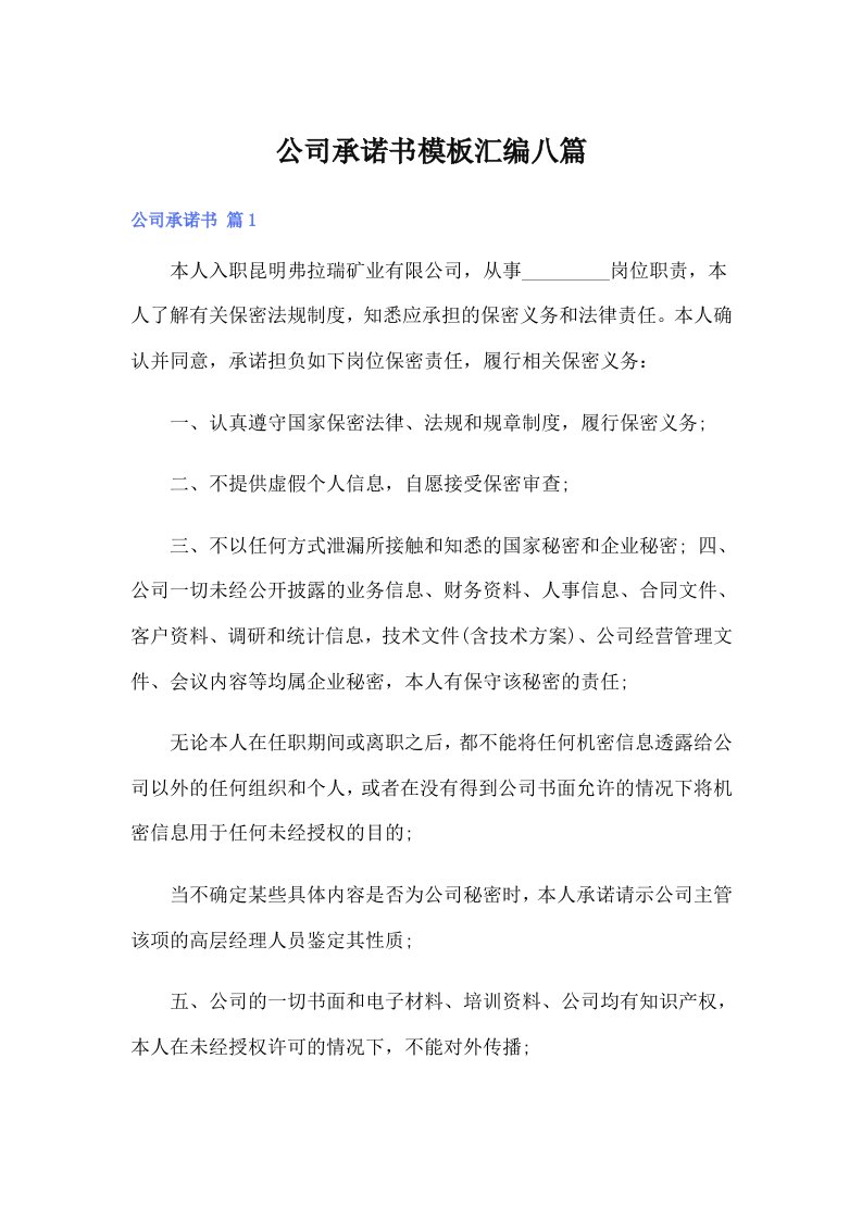 公司承诺书模板汇编八篇