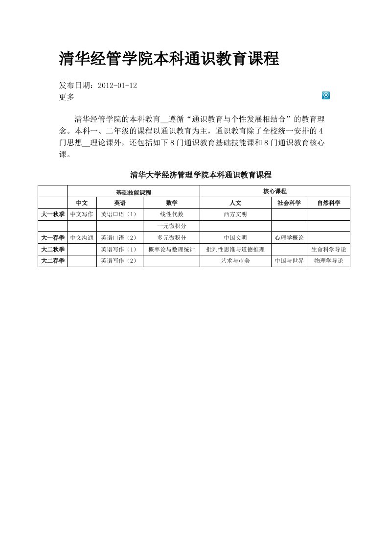 清华经管学院本科通识教育课程