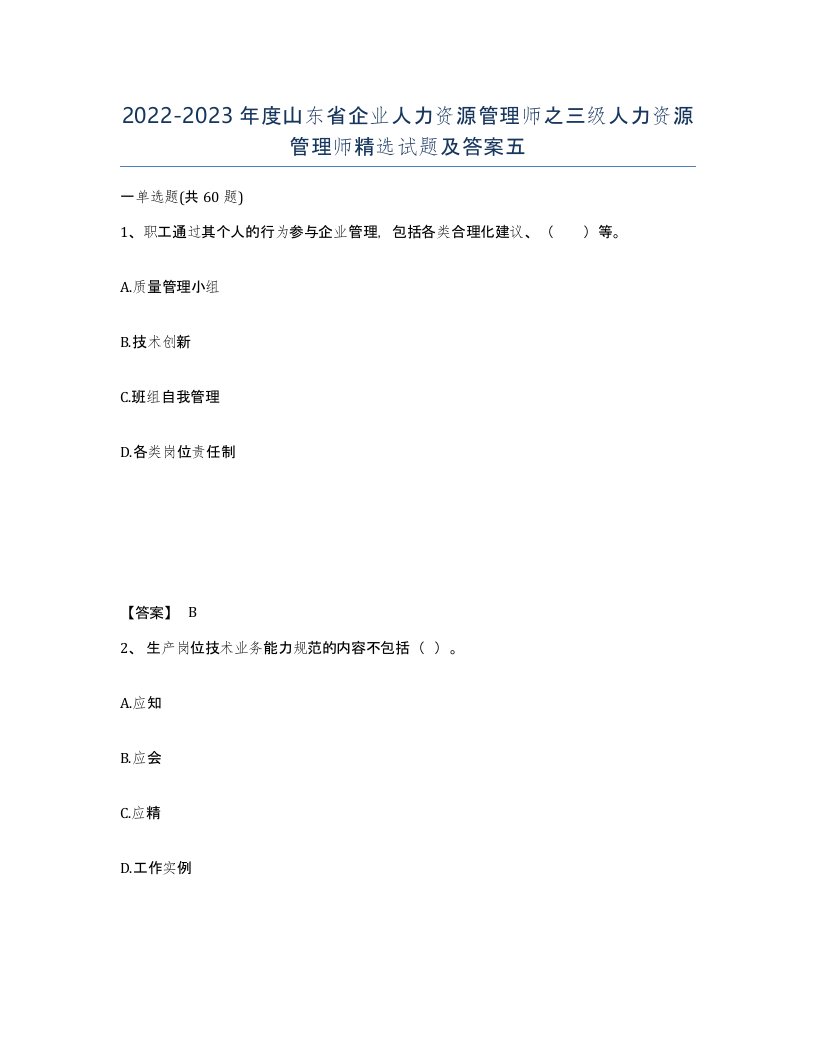 2022-2023年度山东省企业人力资源管理师之三级人力资源管理师试题及答案五