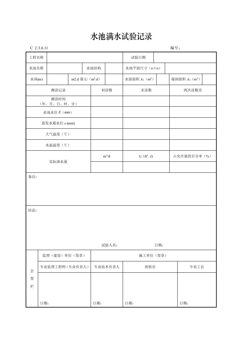 建筑工程-水池满水试验记录