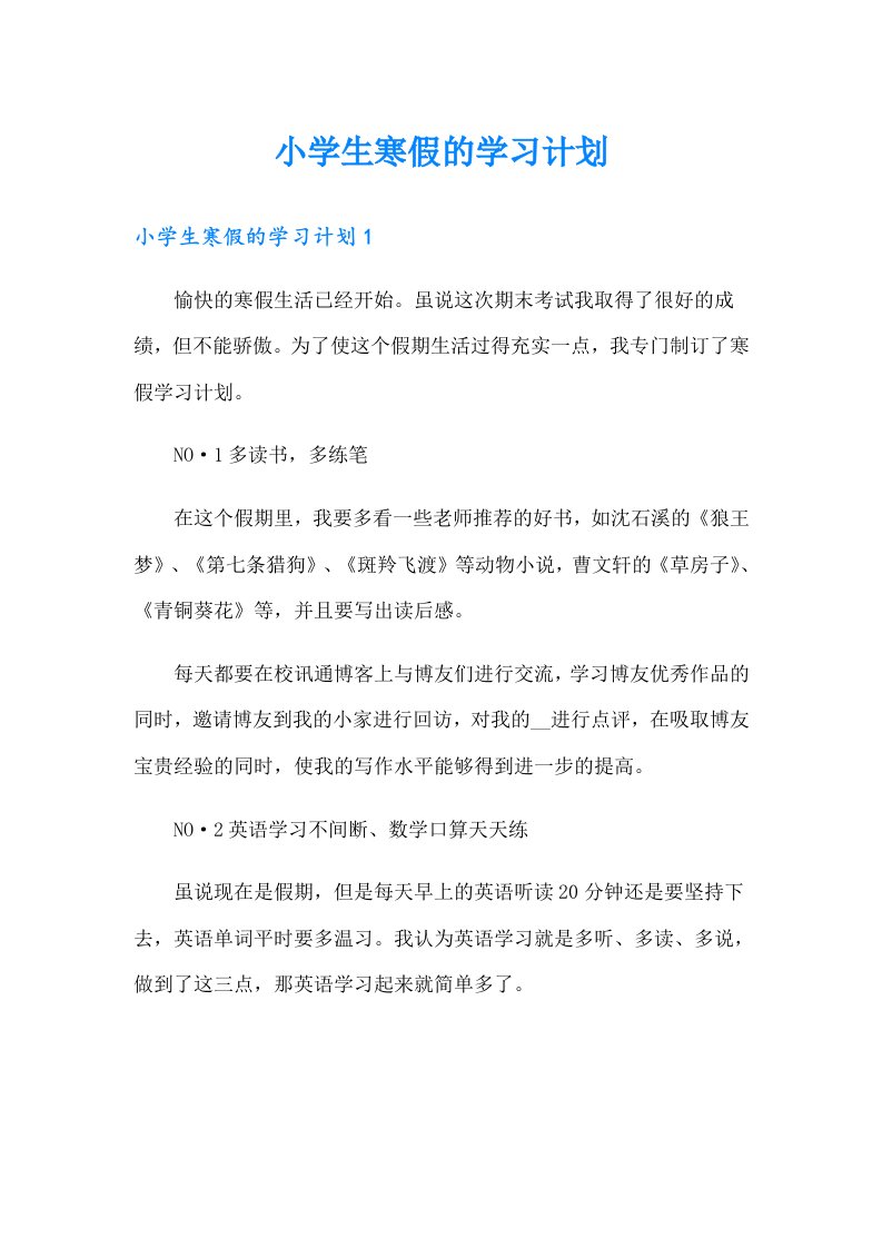 小学生寒假的学习计划