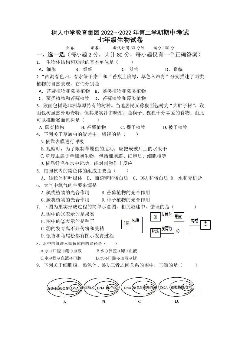 2022年江苏省无锡市宜兴市树人中学教育集团七年级下学期期中生物试卷（含答案）